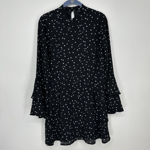 Lucky Brand Star Print Mini Dress M Long Bell Sleeves A Line Black - Picture 2 of 12